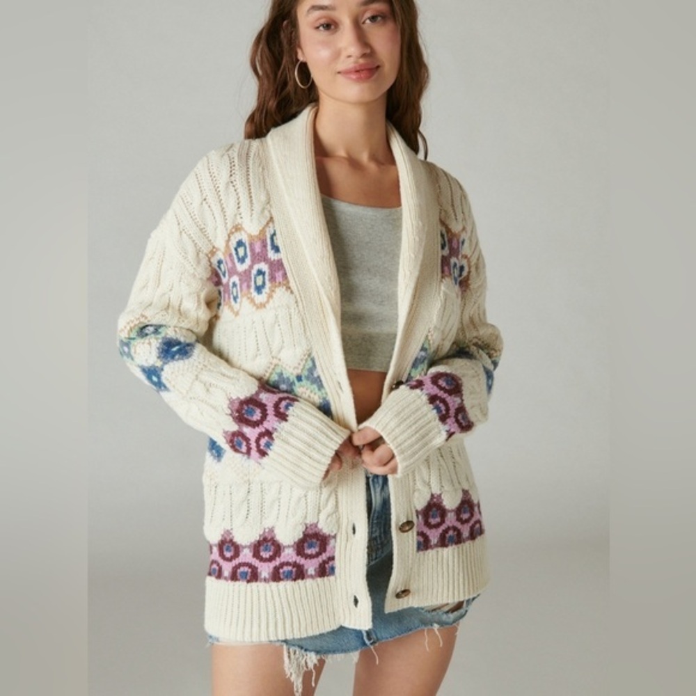 Lucky Brand Intarsia Shawl Collar Cardigan Whisper White Combo Size medium